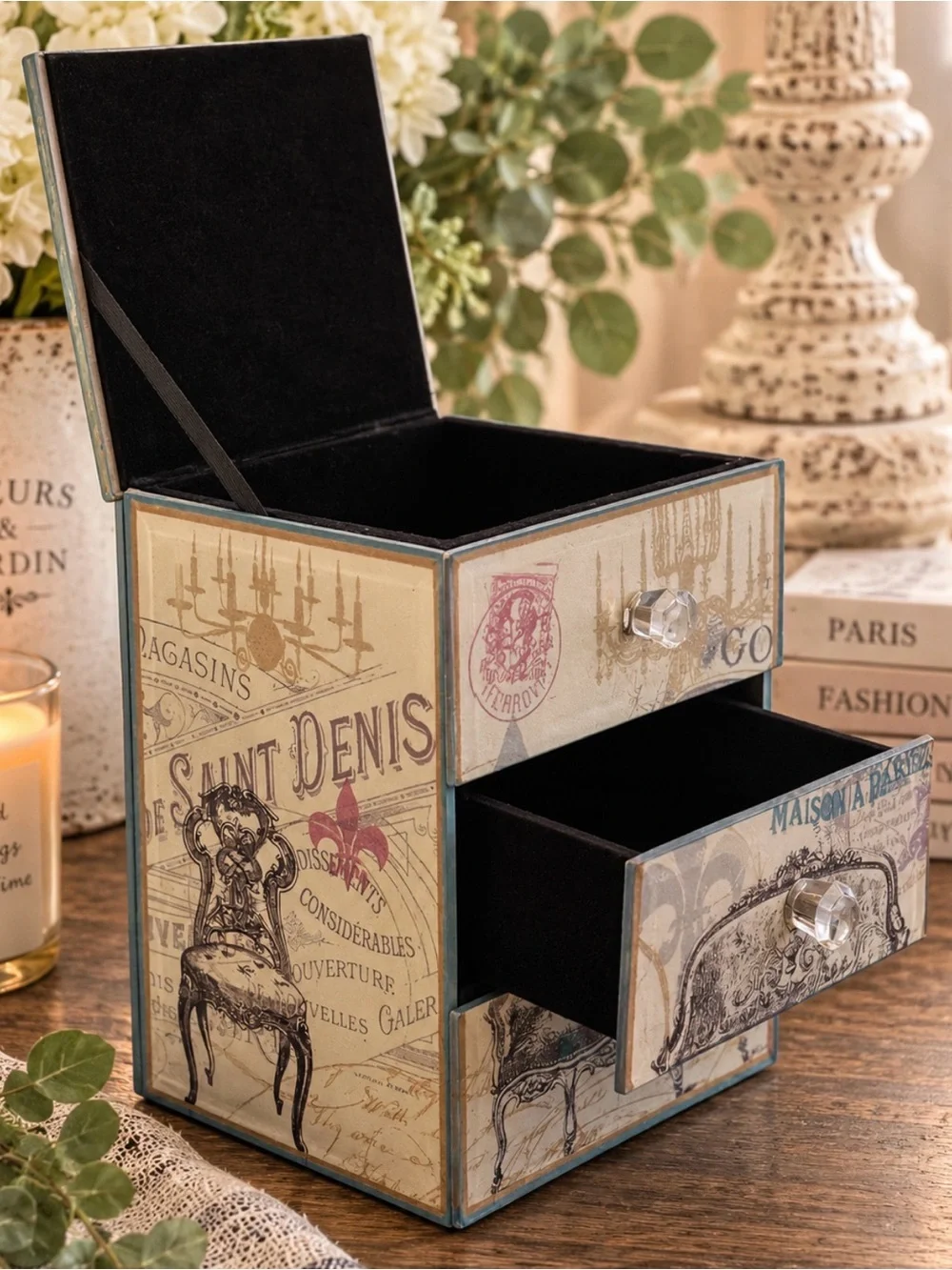 Vintage-Inspired Paris Jewelry Chest with Crystal Knobs
